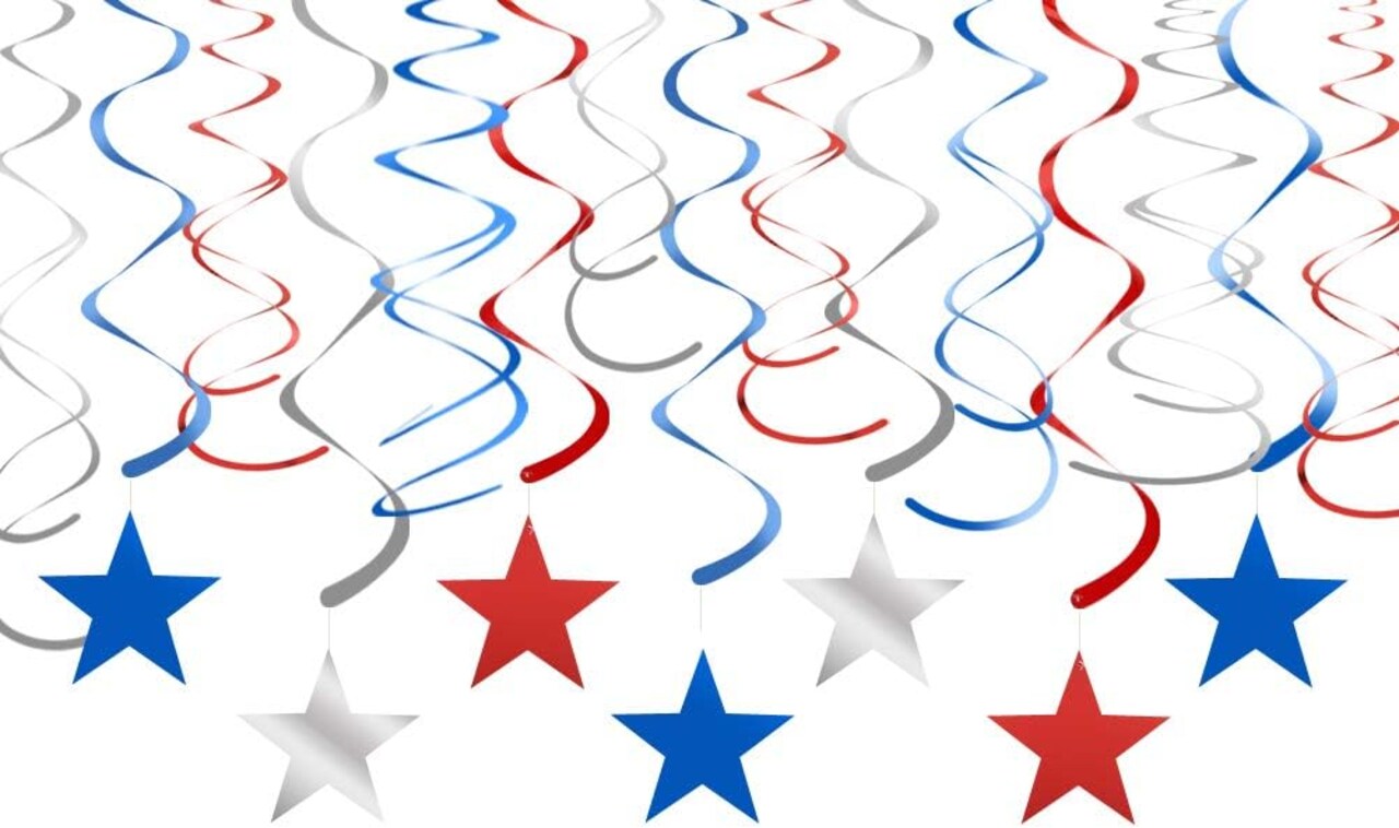 Red Blue Silver Star Hanging Swirl Decorations Stars Streamers Foil